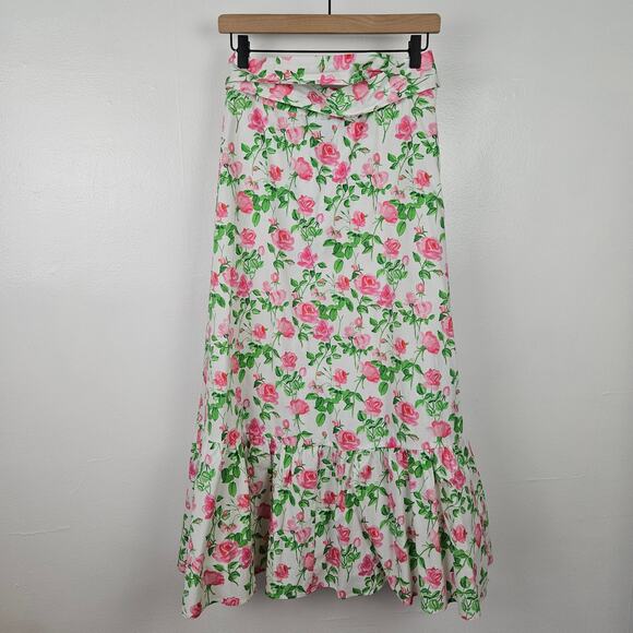 Hill House Mirabel Wrap Roses Print Midi Skirt M White Pink Green Ruffle Floral - Picture 9 of 11